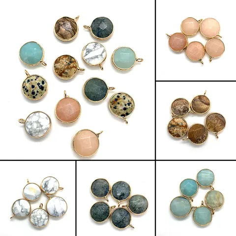 Natural Stone Round Pendant Gold Edged Faceted Labradorite Dalmatian Jasper DIY Jewelry Accessory Pendant Only Without Chain