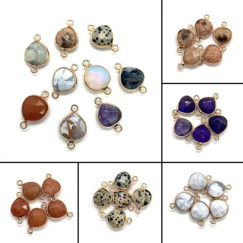 Natural Stone Teardrop Connector Pendant Amethyst Dalmatian Jasper Gold Plated Metal Edge For DIY Necklace Jewelry Making