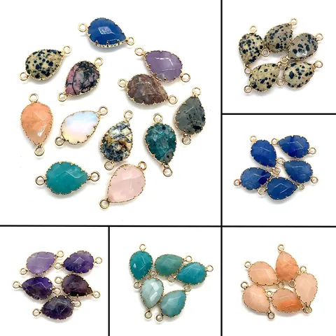 Natural Stone Teardrop Pendant Connector With Gold Plated Alloy Frame Amethyst Opal Rose Quartz DIY Jewelry Making Accessory