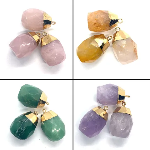 Natural Stone Faceted Barrel Pendant For DIY Necklace Jewelry Making Gold Plated Cap Amethyst Aventurine Crystal Cylinder Charm