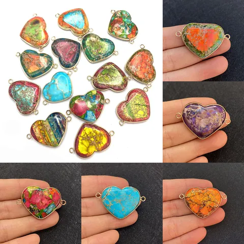 Natural Stone Turquoise Heart Pendant Connector DIY Jewelry Making Accessory Gold Alloy Bezel Double Loop Linker Women Jewelry