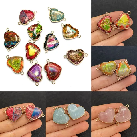 Conector Colgante de Piedra Natural Forma de Corazón Borde de Metal Chapado en Oro Piedra Semipreciosa Para DIY Fabricación de Joyería Collar Pulsera
