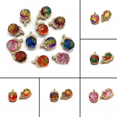 Round Faceted Gradient Natural Stone Crystal Pineapple Pendant With Gold Alloy Zircon DIY Necklace Jewelry Making Charm Women