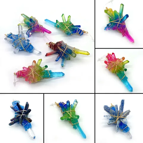 Irregular Natural Stone Crystal Cluster Pendant Wire Wrapped Titanium Coated Gradient Rainbow Pendants Jewelry Making