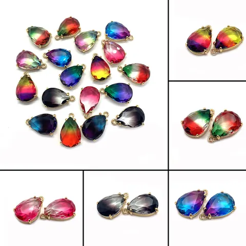 Teardrop Faceted Crystal Glass Pendants Only (Without Chain) With Gold Alloy Frame Gradient Color DIY Jewelry Accessories