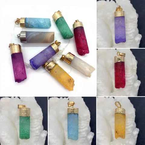 Natural Stone Crystal Pendant Cylindrical Frosted Electroplated Charm Pendant Only Without Chain For DIY Jewelry Making Accessories
