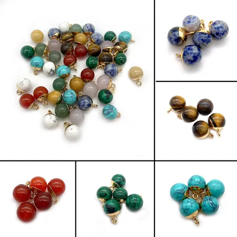 Natural Stone Round Ball Pendants Only (Without Chain) With Gold Alloy Cap For DIY Necklace Earring Jewelry Making Rose Quartz Tiger Eye Findings