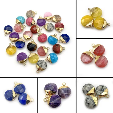 Natural Stone Round Faceted Pendant Only Without Chain Gold Plated Alloy Edged Gemstone Charms For DIY Jewelry Making