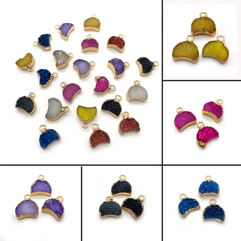 Pendentif Lune en Pierre Naturelle Druzy pour Création Bijoux DIY Bordure Métallique Plaqué Or Charm de Lune pour Collier