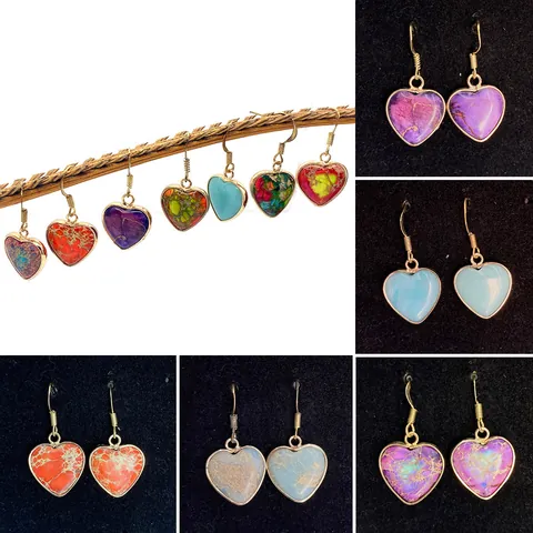 Bohemian Heart Natural Stone Dangle Earrings For Women Gold Plated Alloy Imperial Jasper Turquoise Fashion Jewelry Gift