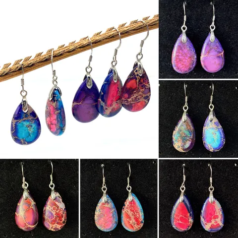 Natural Imperial Jasper Water Drop Dangle Earrings With 925 Sterling Silver Earring Post Bohemian Vintage Stone Jewelry For Women