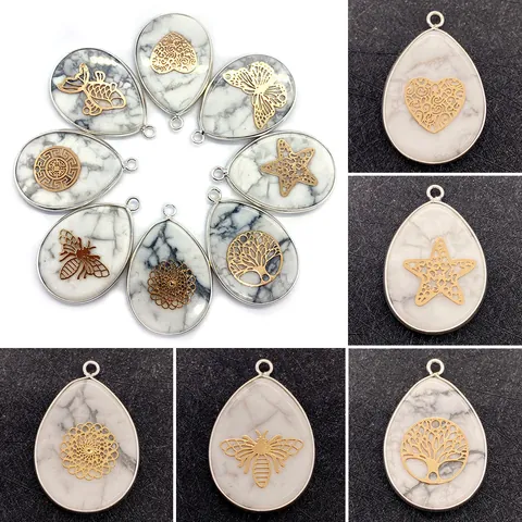 Natural White Turquoise Teardrop Pendant Alloy Gold Plated Pattern For DIY Necklace Jewelry Making Accessory Vintage Style