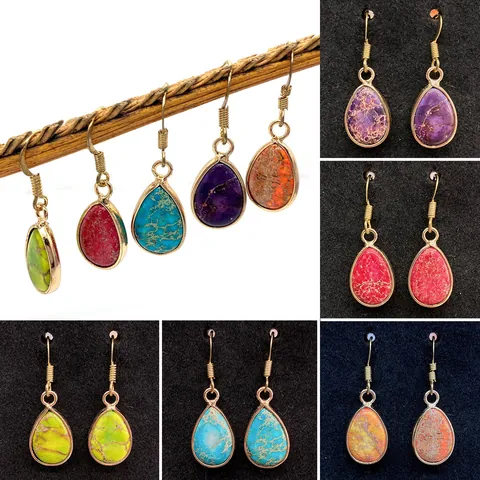 Vintage Natural Imperial Stone Teardrop Dangle Earrings For Women Gold Plated Alloy Waterdrop Turquoise Look Boho Jewelry