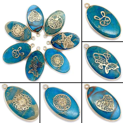 Natural Stone Blue Shoushan Stone Oval Pendant With Gold Alloy Metal Patch Tree Of Life Heart Pattern For DIY Jewelry Making Accessories