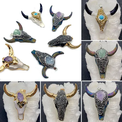 Pendaglio a Testa di Toro in Acrilico Bohemien Intarsiato con Strass Pietra Teschio DIY Accessori per Creazione Gioielli