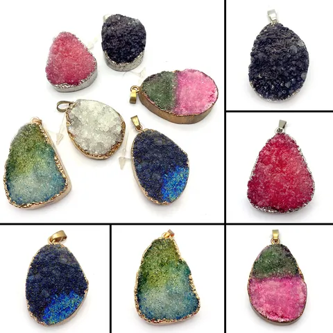 Natural Stone Irregular Druzy Pendant For DIY Necklace Jewelry Making Electroplated Crystal Cluster Geode Charm Accessories