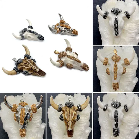 Vintage Bull Head Skull Pendant Acrylic Rhinestone Inlaid Ethnic Charms For DIY Necklace Making Pendant Only Without Chain