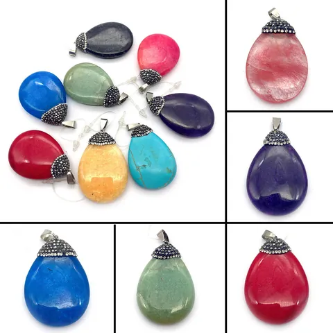 Natural Stone Water Drop Pendant Rhinestone Inlaid Teardrop Chalcedony Agate Charm For DIY Necklace Jewelry Making Accessories