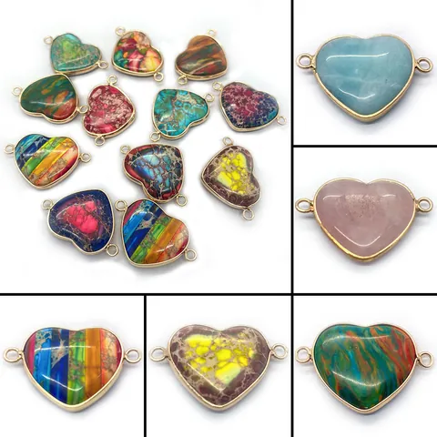 Heart Shaped Natural Imperial Stone Turquoise Pendant Connector Gold Plated Alloy Bezel Double Loop DIY Jewelry Making Supplies For Necklace Bracelet