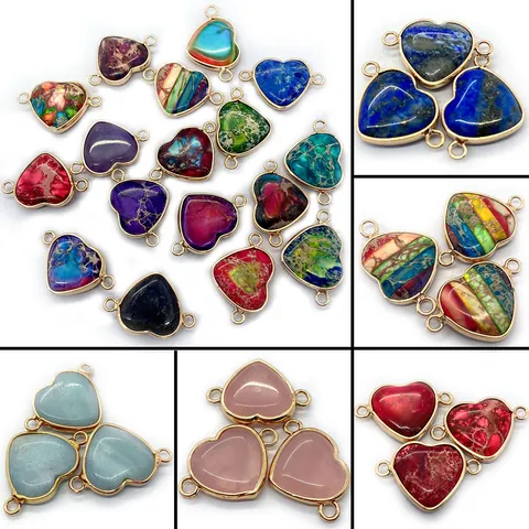 Natural Imperial Stone Heart Connector Pendants Metal Edging Dual Rings For DIY Jewelry Making Necklace Bracelet Accessories