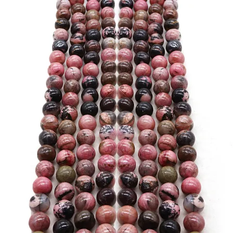 Natural Rhodonite Pink Black Stone Round Loose Beads Polished Gemstone Strand For DIY Jewelry Making Bracelet Necklace Accessory