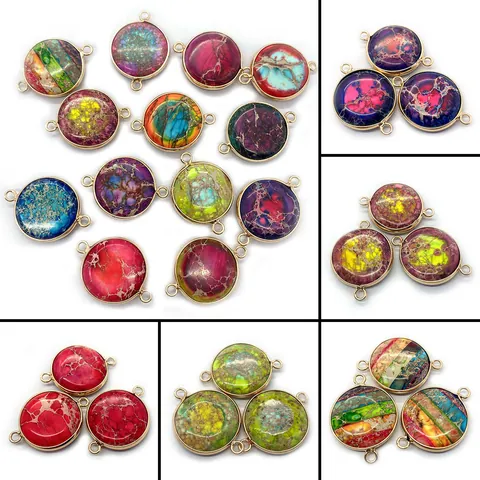 Natural Stone Round Charms Connectors Gold Plated Alloy Marble Texture Pendants For DIY Necklace Bracelet Making Jewelry Accessories