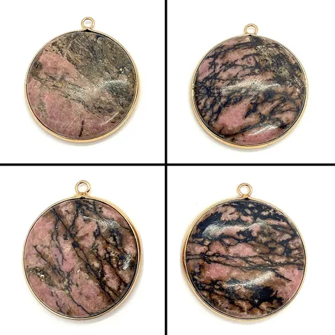Natural Rhodonite Stone Round Pendant With Gold Plated Alloy Edging Pink Black Marble Pattern DIY Necklace Jewelry Component