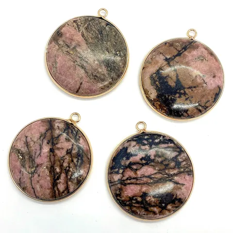 Natural Rhodonite Stone Round Pendant With Gold Plated Alloy Edging Pink Black Marble Pattern DIY Necklace Jewelry Component