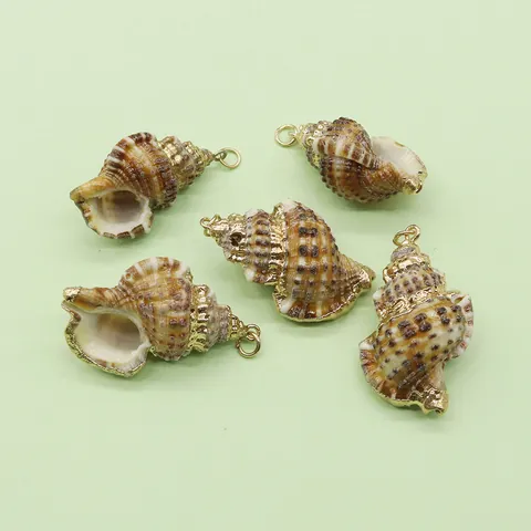 Natural Shell Conch Pendant Electroplated Gold Edge Brown Sea Snail Charm For DIY Jewelry Making Handmade Necklace Accessory