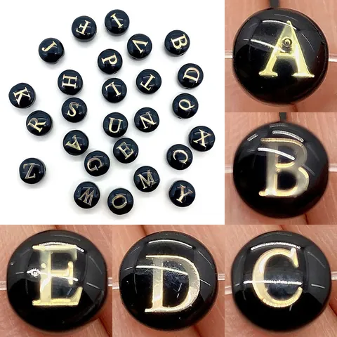 Natural Sea Shell Beads 8mm Round Alphabet Shell Beads Black Gold Initial Beads For DIY Jewelry Making Necklace Bracelet Accessories