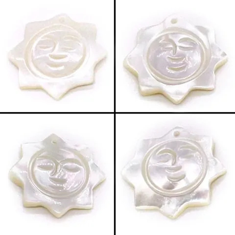 Pendentif en Coquille de Nacre Blanche Naturelle Visage de Soleil Étoile à Huit Branches Visage Souriant Gravé DIY Accessoire