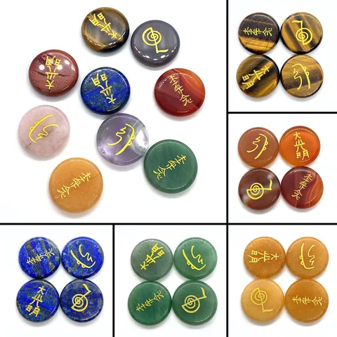 Juego de Piedras de Energía Reiki de Cristal Natural Símbolos Espirituales Grabados en Oro Ágata Amatista Piedras de Curación para Meditación
