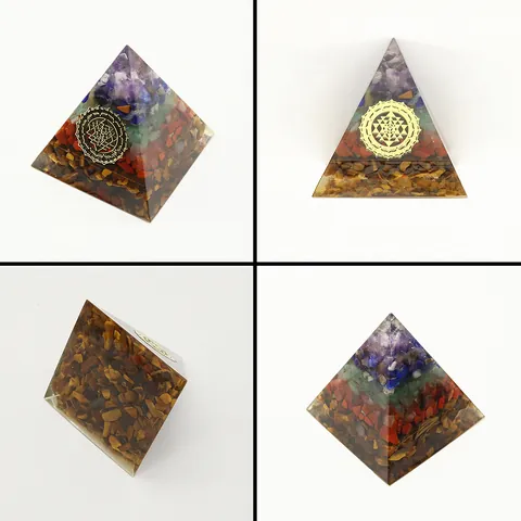 Natural Tiger Eye Amethyst Orgonite Pyramid Resin Ornament With Sri Yantra Metal Symbol For Meditation Home Office Decor