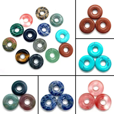 Natural Stone Donut Pendant Flat Round Pingan Kou Beads For DIY Earring Necklace Jewelry Making Accessories For Women Jewelry