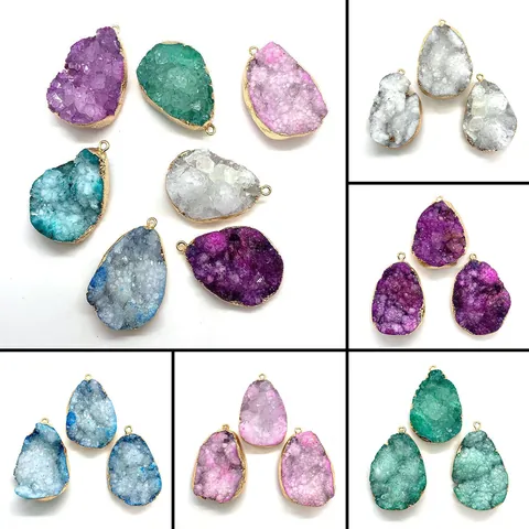 Irregular Natural Crystal Stone Druzy Geode Droplet Pendant With Gold Electroplated Edging For DIY Jewelry Making Accessories