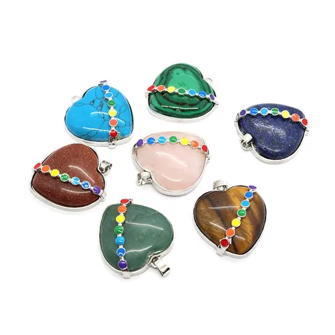 Natural Stone Heart Shaped Chakra Pendant With Rainbow Beads Silver Plated Alloy Border Healing Crystal DIY Jewelry Accessory For Necklace