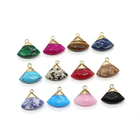 Fan Shaped Natural Stone Pendants With Gold Plated Bail Multi Color Gemstone Charms For DIY Necklace Earrings Making