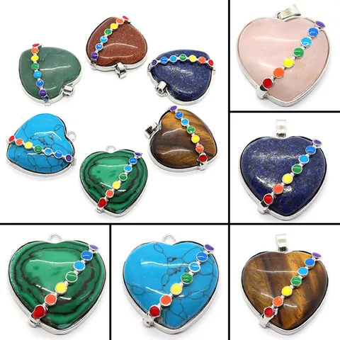 Natural Stone Heart Shaped Chakra Pendant With Rainbow Beads Silver Plated Alloy Border Healing Crystal DIY Jewelry Accessory For Necklace