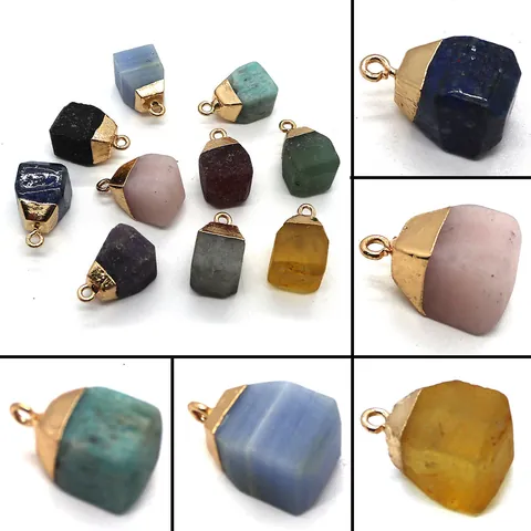 Natural Stone Cube Pendant Rose Quartz Lapis Lazuli Irregular Raw Stone Charm With Electroplated Gold Alloy Cap For DIY Jewelry Necklace Making