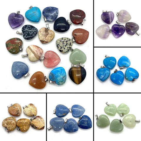 Heart Shaped Natural Stone Pendant with Metal Bail 20mm Polished Amethyst Quartz Turquoise DIY Jewelry Making Accessorie