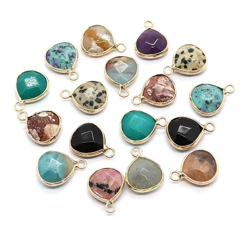 Natural Stone Teardrop Faceted Pendant With Copper Edging Gemstone Charms For DIY Necklace Earrings Making Accessories