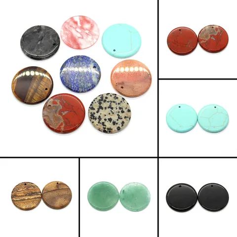 Natural Stone Round Flat Pendant 30mm Watermelon Crystal Tiger Eye Lapis Lazuli For DIY Necklace Earring Jewelry Making Accessory