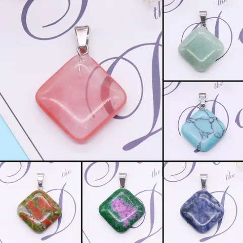 Natural Stone Rhombus Pendant For DIY Necklace Jewelry Making Polished Crystal Agate Quartz Pendant Only (Without Chain)