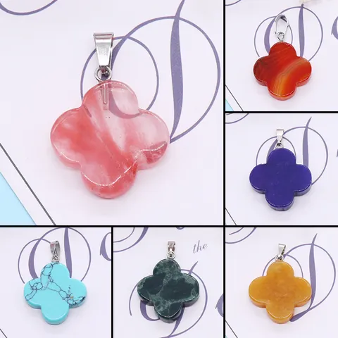 Ciondolo a Forma di Fiore a Quattro Foglie in Pietra Naturale per la Creazione di Gioielli Fai-da-Te Accessori per Collana in Pietra Semipreziosa Lucidata