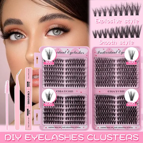 CMAYOME DIY Cluster Eyelash Extension Kit Individual Synthetic Fiber Eyelashes With Bond And Seal Glue Tweezers And Spoolie Brush