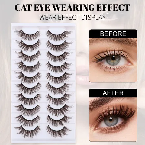 Ciglia Finte Marroni Effetto 3D Fluffy Cat Eye Naturali Lunghe Folte in Fibra Sintetica Riutilizzabili