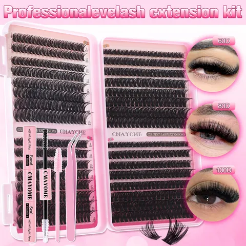 Professional DIY Cluster Lash Extension Kit With Bond And Seal Glue Tweezers And Brush Synthetic Fiber Long Dense Eyelashes Set