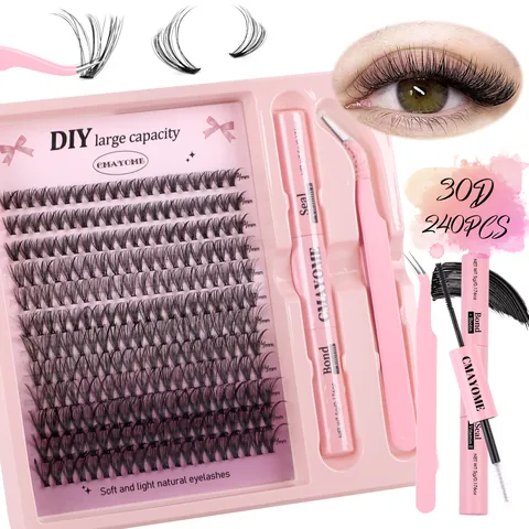 DIY Cluster Eyelash Extension Kit Pink Segmented False Eyelashes With Bond And Seal Glue Pink Tweezers Natural Dense Makeup Set