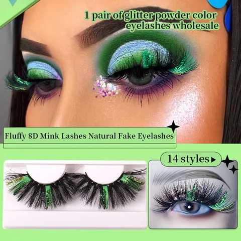 8D Faux Mink Eyelashes With Colorful Glitter Powder Dramatic Thick Long Fluffy Handmade Reusable False Eyelashes For Party Makeup