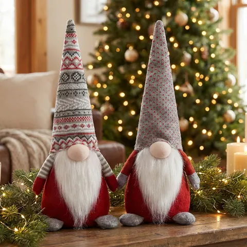 Nain De Noël En Peluche Poupée Bonnet Tricoté Motifs Cœur Géométriques Tomte Sans Visage Décoration Table Longue Barbe Blanche